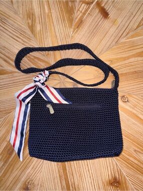 The Sak - Navy Crochet Crossbody Bag with Striped Scarf Accent